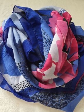 Yvette Montayne, Paris, Silk Scarf, Vintage, Blue Abstract, Hot Pink Flower